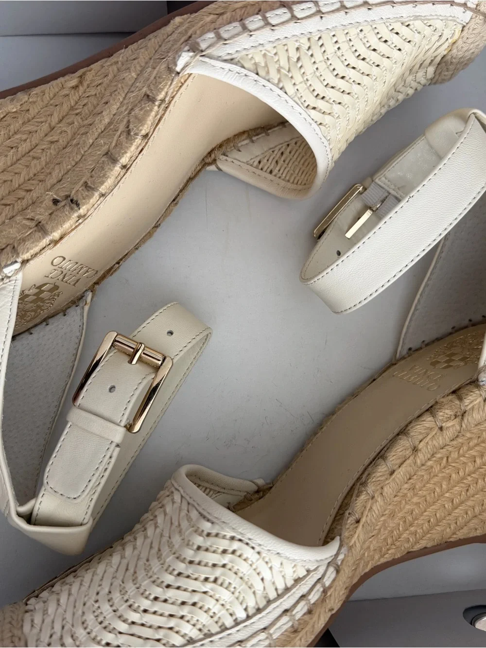 Vince Camuto Cream Woven Espadrille Sandals with Ankle Strap